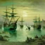 Placeholder: A bluish teal bay with pirate ships painted by John Atkinson Grimshaw