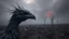Placeholder: close up weird crepy bird head, and far away Birds and trees in alternative surreal barren, dry, gloomy world, nightmare in abyss, deep vortex, black, gray, purple, brown, silver, dark red colors, surreal, weird dark fantasy, deep dark colors, sharp lines, crepy stunning, high detalied, weird, fog, shadows, realistic, surreal, highly detailed, melancholic thriller mood
