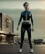 Placeholder: retro sci-fi portrait image from 1960, supermarket parking explosion, young Scarlett Johansson, classic black tight lycra latex suit, gold bracelet and belt, long hair, soft color, highly detailed, unreal engine 5, ray tracing, RTX, lumen lighting, ultra detail, volumetric lighting, 3d, finely drawn, high definition, high resolution.