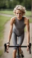 Placeholder: photography of a beautiful anorexic woman, grey satin triathlon top, sports illustrated, blond short wavy bob haircut, pronounced sternum, flat chest, anthracite cycling leggins