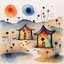 Placeholder: Draw me a Australian huts watercolour in the style of **Joan Miro- Surrealism/Abstract Art:** - Miro's whimsical and poetic *Peaceful Harmony Color Palette:** - soft