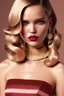 Placeholder: beautiful Sasha Luss with pearls and brown and red color silk dress on stripes, with glossy lipstik on her lips,wearing pearls mask, long curly blonde hair, pink background, Photorealistic dramatic hyperrealistic criyng clown paint ,Crystal black eyes,Photorealistic dramatic by WLOP, Artgerm, Greg Rutkowski, Beautiful dynamic,shadows,Artstation,concept design art, Octane render,8K