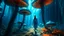 Placeholder: woman walking through Alien mushrooms with jellyfish tentacles, floating through an alien forest, in a huge cave, floor covered in mushrooms, photorealistic, Deep Colour, Intricate Detail, sunshine, blue sky