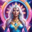 Placeholder: full body photorealistic portrait of a gorgeous smiling amazonian spiritual goddess with long parma white hair, tight hips with a tron like body suit tribute to the galaxy in a cosmic surounding only blue , pink and yellow, crystal jewels