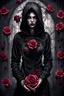 Placeholder: a beautiful and mysterious gothic woman entangled in wire and roses, hoody, dark and gothic lighting, ultra realistic and highly detailed, explosive background, epic, striking messy art style, cracked sealant surface and heavy textures , extremely beautiful