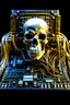 Placeholder: A computer chips and electronic components are connected by neurones human skull with tube to a live sustaining system