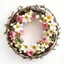 Placeholder: A hyper-realistic photograph of spring flowers and willow branches arranged in a wreath, top view composition, natural and soft mood, photorealistic style, macro photography, neutral background, diffused natural lighting, pastel and fresh tones, ultra high resolution --ar 16:9
