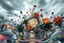 Placeholder: Dynamic complex hypnotic of 3D structures Symmetry twisting and morphing between cifi plants ,flowers and metal geometric forms , smooth translucent iridescent glass with inner glow and bubbles, varied transparent materials, stormy skies, intense dramatic