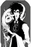 Placeholder: black haired young man necromancer wizard with gothic jewelry and tentacle fingers in the style of Aubrey Beardsley