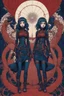 Placeholder: cyberpunk full body, 2 girls huge and petit, in symetric illustration by <Katsushika Hokusai><John Kenn Mortensen>, darkred tones, darkblue tones, hyperdetailed,