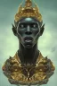 Placeholder: black male African alien, cracks in the voodoo head, wicked, diamond eyes, crown, blood, 8k, finely detailed, photo realistic, Boris Vallejo style turquoise skull head gold dragon space alien rain skeleton gold tooth silver helmet silver space suit spaceships