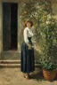 Placeholder: Night, one woman, house, vegetations, flowers, dirt, alfred stevens, and gustave caillebotte paintings