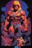 Placeholder: in the dead of night the bright moon shines down on a giant, extremely colorful He-Man facial portrait, acrylic on canvas, florescent black light poster, in the art style of Boris Vallejo,