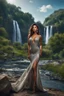 Placeholder: full shot body photo of the most beautiful artwork in the world featuring model, happy mood, High Detail, dramatic, photo realistic, ultra sharp, ultra hd, hyper realistic, ultra realistic, ((((dress)))), trending on artstation, sharp focus, studio photo, intricate details, highly detailed, standing in nice pose in country side with river ,water fall ,rocky valley,mountains at background, pretty clouds