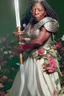 Placeholder: [Whoopi Goldberg] Without a moment's hesitation, Agatha, wielding her sword adorned with carved flowers, seized the opportunity. With a swift and precise movement, she struck beneath the tyrant's shoulder, piercing through his defenses and driving him to his knees.