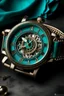 Placeholder: Generate a high-resolution image of a vintage turquoise watch band elegantly wrapped around a cog-themed timepiece in a stable setting. Ensure the colors and textures evoke a sense of timeless stability and reliability."