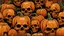 Placeholder: photorealistic, anatomically correct, various sizes, view of dozens of orange human skull pumpkin hybrids growing from a pumpkin vine in a large field, designed to look like a pumpkin patch, painted orange, growing off of a vine orange skulls, evil dead atmosphere, highly detailed, sharp focus, random two toned highlight, digital painting, artstaion, concept art, brooding, highly meticulous detail throughout image