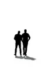 Placeholder: black silhouette of two men walking away from the camera on solid white background