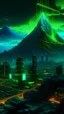 Placeholder: large mountain, surrounded by a futuristic city, skyscrapers, neon lights, volcano erupting, cyberpunk, crowded streets, 4k, green