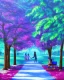 Placeholder: park mystical dream, park bench, man, woman, child, dog, pretty blue and purple trees, blue path, bird, jogger, sunshine, mystical, fantasy, romanticism, cinematic, award-winning, beautiful colors, daylight, daytime, acrylic painting,