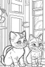 Placeholder: coloring page for kids, Cats in the house, cartoon style, thick lines, low detail, no shading