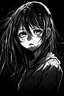 Placeholder: Disfigured anime girl in white and black background, cool aesthetic manga illustration, distorted anime girls, broken sad anime girls, teen anime girls, breakcore, sleep deprived, with eyebags