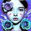 Placeholder: A detailed high quality surreal painting of a delicate, shimmering single blue animorphic rose woman, a small pretty face in its petals, two eyes, pouting lips, delictae nose, background is a blurred black and white hypnotic pattern, very mod, 1960s inspired art, psychedelic, highly detailed conceptual art, mixed media collage, dark fantastical atmosphere, fine lines, dali-esc, beautiful and natural, strange art, optical illusion