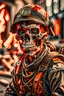 Placeholder: ultra high definition image of an attractive but scary looking skeleton, rising from the ashes, a war veteran, partially humanlike characteristics, army beret and ripped amo wear, very detailed, chaotic background, dramatic close-up action shot of him on a burned out war tanker with a torpedo on shoulder ready to fire and ammo ,gothic and dark theme, 12k