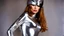 Placeholder: Chasey Lain in silbernem Zentai mit silbernem Motorradhelm