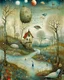 Placeholder: Richly textured Hieronymus Bosch, Catrin Welz-Stein, William Turner, Zdzisław Beksiński, Jacek Yerka oil on canvas zentangle line art style mix, surreal frosted fantasyland winter oceanscape, hoarfrost on trees, high grasses, snow and cottages, withered flowers, pale sunrise; paint splatter, beautiful vibrant colors, reflections, SK, flying seagulls, dramatic clouds, snowfall.