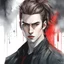 Placeholder: A portrait headshot of a confident looking young man with pale skin, red eyes, and long brown hair pulled into a ponytail in a dark modern setting with intricate details. He is wearing black and red casual clothes, an air of malevolent power surrounds him. watercolor splash art