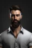 Placeholder: Ultra realistic photograph of muscular male in white button up shirt, dark hair cut short and neatly trimmed beard