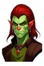 Placeholder: very smart half orc teenaged boy, hes strong and not pretty, his hair is dark red and shoulder length, he wears an earring and black clothing with green skin and pointed teeth, realistic style