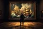Placeholder: create a surreal oil painting in Rembrandt-style lighting: a pirate stands before a massive baroque-framed naval painting in a dark museum. The sea battle within the painting spills out into the gallery — waves crashing onto the marble floor, mist and smoke filling the air, cannons firing, sails emerging from the canvas. The pirate is illuminated by golden light from the scene, his coat caught in the storm wind. Reflections shimmer on the walls. Rich chiaroscuro tones, deep shadows and warm high
