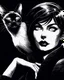 Placeholder: PROMPT: Monochrome ink illustration of a mature woman with long silver hair, eyes gazing upward, lips parted in thought, a Oriental shorthair Siamese cat draped on shoulder, staring sideways with sly expression. Deep shadows emphasize contours and texture. Bold hand-drawn lines, scratched ink details, black background creates isolation. Gothic comic aesthetic, vintage pulp tone, emotional stillness, surreal tension, expressive portrait in graphic noir style