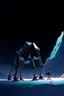 Placeholder: a minimalist silhouette of a sleek mechanical walker with eight legs scaling a very steep snow covered side of mout everest at night, it has a smooth surface, it has storage pods on its belly and humans can fit in the pods