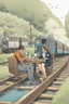 Placeholder: 2 people are sitting on a train track, having tea at a round table; they have wet suits on with flippers and dive goggles; a steaming train is coming right towards them