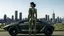 Placeholder: Tall thin women, with straight black hair, dressed in a camouflaged jumpsuit, looking out from the rear of a futuristic aircar, on a tarmac runway, with a city skyline in the distance