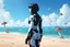 Placeholder: Slim woman with black hair in a space suit, looking out over a sandy beach next to a sea, with flying mushrooms with tentacles.