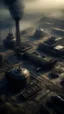 Placeholder: A bird view , An oil refinery and nuclear power station tanks and buldings , surrounded bard , with old abandoned buildings .surrealism of the dark of a nightmare ten miles high and six foot deep, hyper photorealistic, hyper detailed dark art color, high resolution, fog, octane render, tilt shift, HDRI Environment, all pictures dark gray and brown