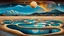 Placeholder: Abstract Landscape with surreal iced desert, mountains, iced water, reflections, sharp lights and shadows . The scene features circles, lines and ovals, all enhanced by overlapping, adding depth and dimension. In the scene old bones lying in sand in the right side. The sky is dramatic, filled with swirling dark clouds , creating an intense atmosphere. The color palette consists of rich, deep hues, watercolor and dark ink, like a dark dream