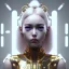 Placeholder: Cyber teenager, blonde, geisha style hair, white skin, pattern dress, velvet, gold, cyberpunk style, purpurin, highly detailed, art stations, concept art, smooth, unreal engine 5, god rays, ray tracing, RTX, lumen lighting, ultra detail, volumetric lighting, 3d, finely drawn, high definition, high resolution, gradient background