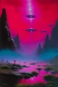 Placeholder: A purplish magenta outer space with UFOs designed in native American petroglyphs painted by Birge Harrison