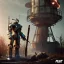 Placeholder: fallout 4 character, brad pit windmill robot with axe in the streets of cyberpunk city filling up car, gaz station, unreal, spray paint, clay, vox model