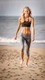 Placeholder: anorexic beautiful woman, age 21, total shot, grey capri leggins, triathlon top, blonde surfer hair, blurred beach background