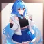 Placeholder: Clear focus, High resolution, rough line art, cute, cartoon, medium blue hair, hair between eyes, fluffy hair, red eyes, wearing a black sleeveless crop top, wearing a white jacket thats of her shoulders, wearing a blue skirt, cutsleeves blue strap and white color, intricately detailed outfit