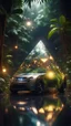 Placeholder: a car shaped like a bucket tetrahedron without a top in dark lit reflective wet jungle metallic hall dome hotel tunnel, in the style of a game,bokeh like f/0.8, tilt-shift lens 8k, high detail, smooth render, down-light, unreal engine, prize winning