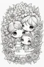 Placeholder: create a outlined coloring page of a chibi cartoon characters of a couple surrounded by flowers. Pay attention to the details of the faces and flowers and the emotions conveyed by the couple. White background, sketch style, half of body, use outline, Mandala style, clean line art, no shadows, no coloring, no shading, no grey.