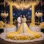 Placeholder: Hyper Realistic Beautiful Traditional Pakistani Couple on Valima Stage decorated with different Yellow & White flowers & neon wedding lights at Night