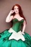 Placeholder: Busty princess with long auburn hair green eyes wearing a big dark teal green and gold satin ballgown corset off shoulder top at night